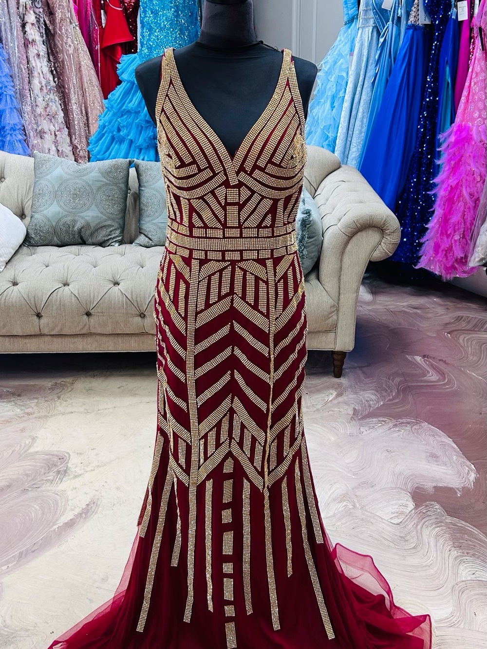 Gold-Embellished Burgundy V-Neck Prom Dress
